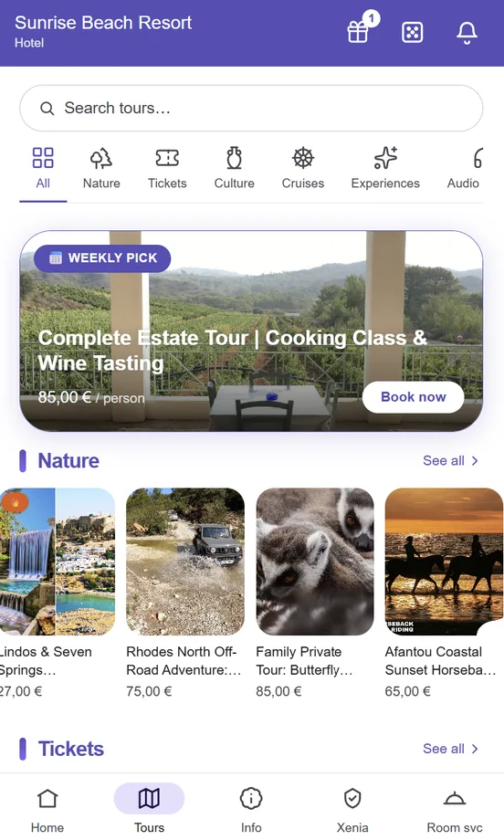 A hotel's Luna page: search, categories and the weekly pick