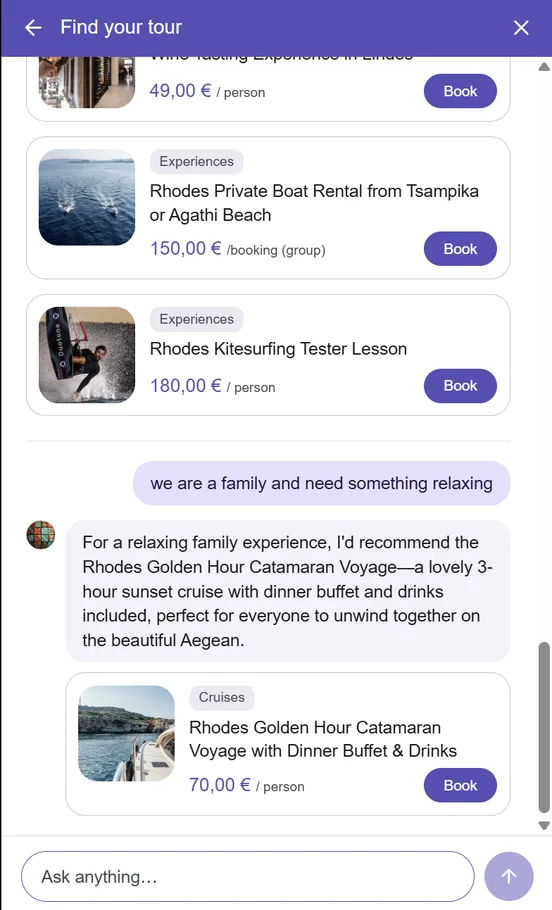 The AI concierge suggesting tours in a chat